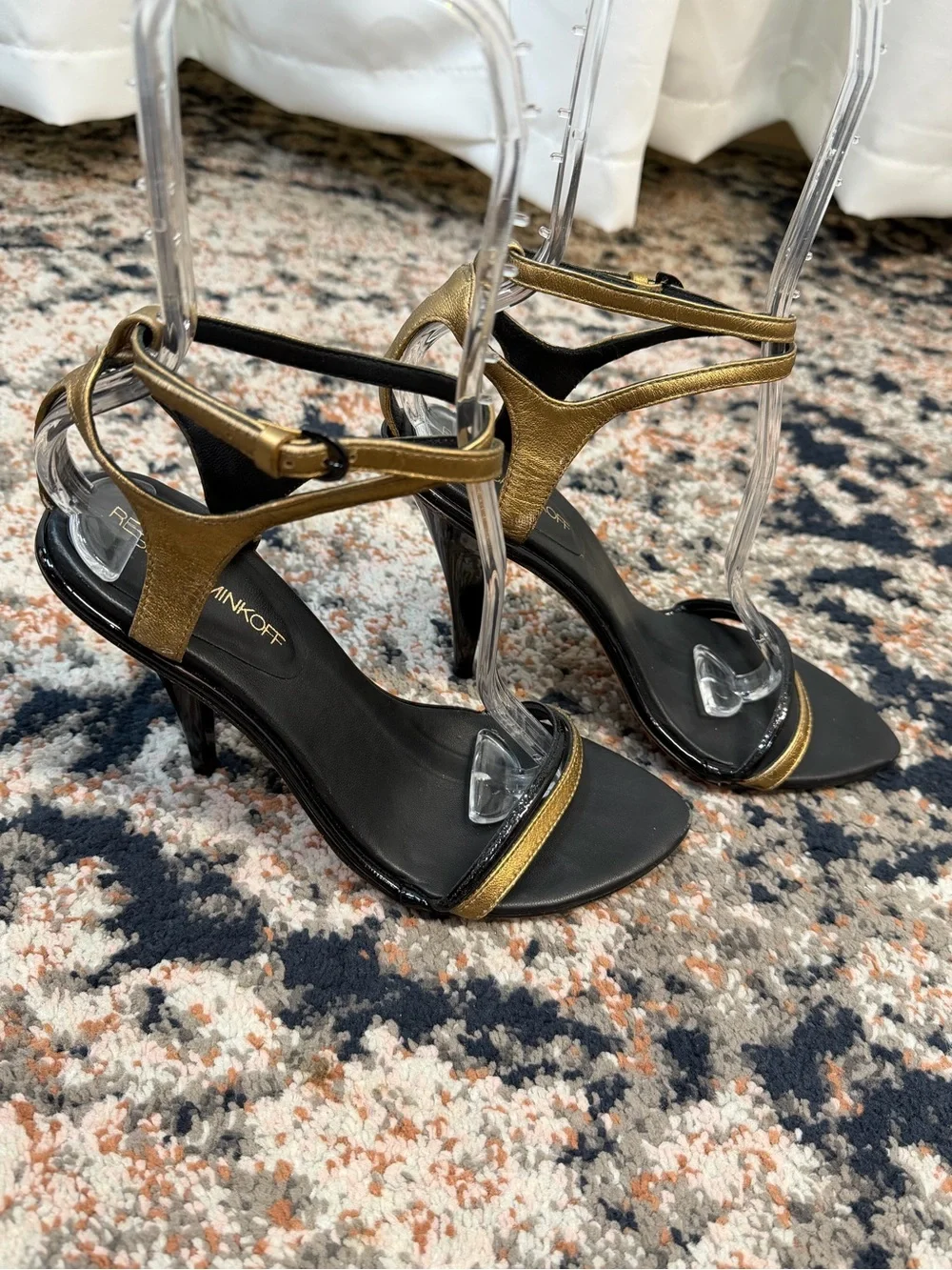 Rebecca Minkoff Black & Metallic Gold Leather Strappy Heeled Sandal Stiletto 7.5